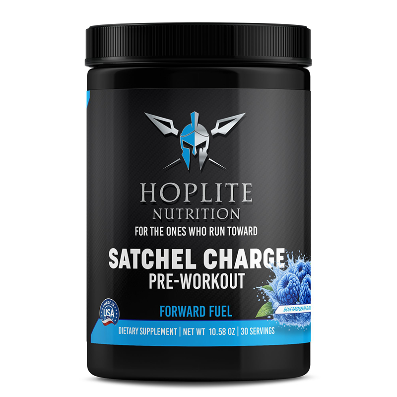 Hoplite Satchel Charge — fully-dosed pre-workout supplement, blue raspberry flavor
