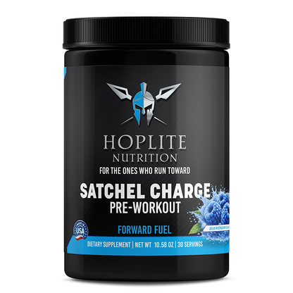 Hoplite Satchel Charge — fully-dosed pre-workout supplement, blue raspberry flavor
